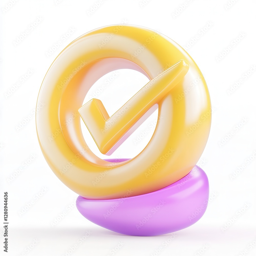 Poster a colorful 3d checkmark symbol resting on a smooth base, showcasing a modern and playful design aest