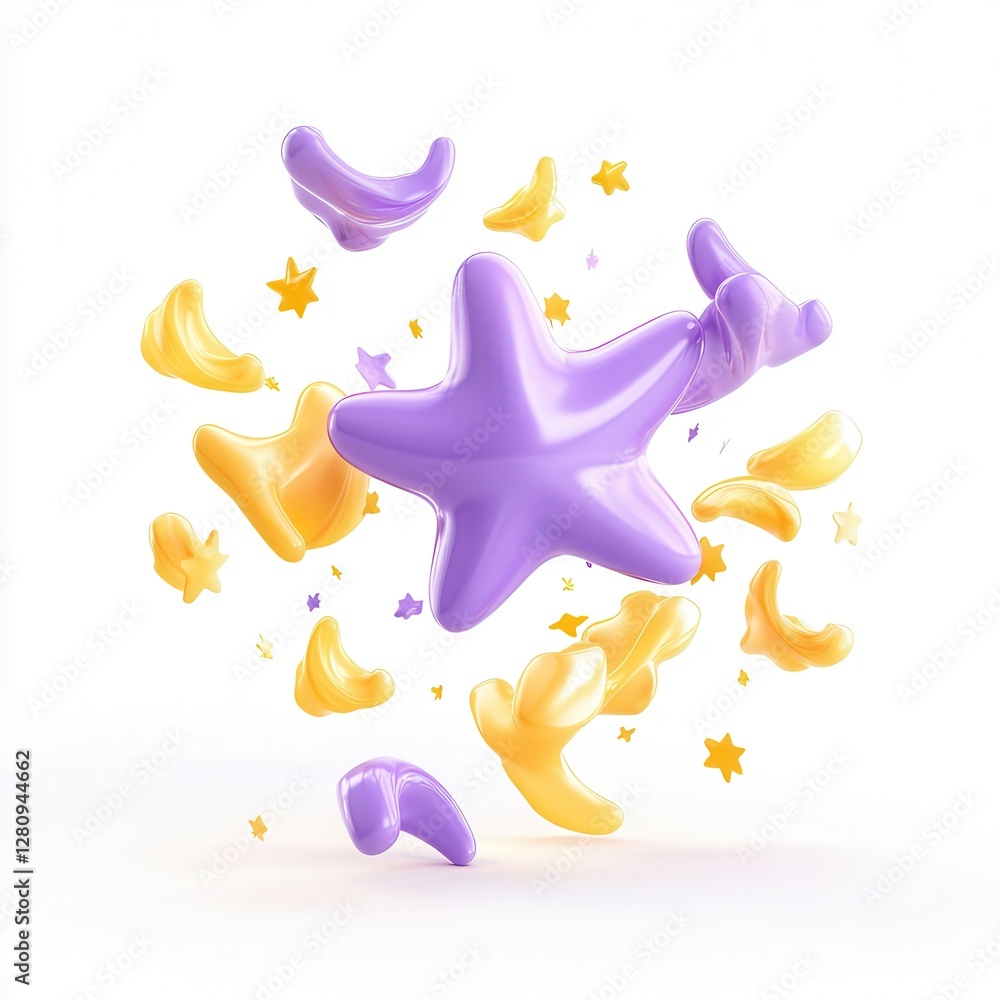 Poster a colorful 3d rendering of abstract shapes in purple and yellow, surrounded by small stars.