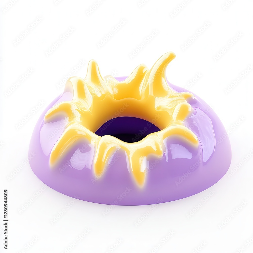 Poster a colorful 3d model of a round object resembling a dessert with a yellow glaze and a purple base.
