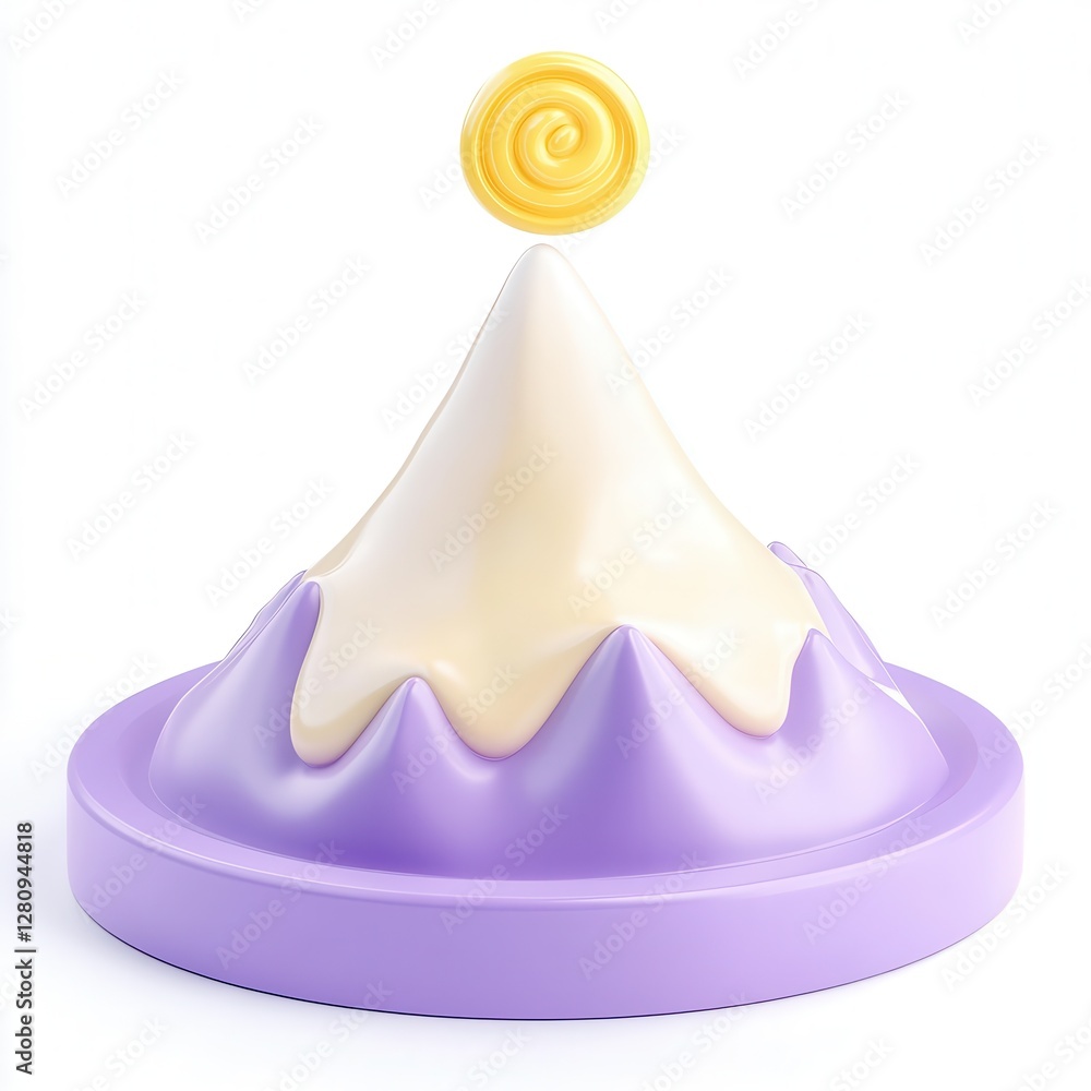 Poster a colorful 3d model of a dessert mountain topped with a swirl, featuring smooth textures and a playf