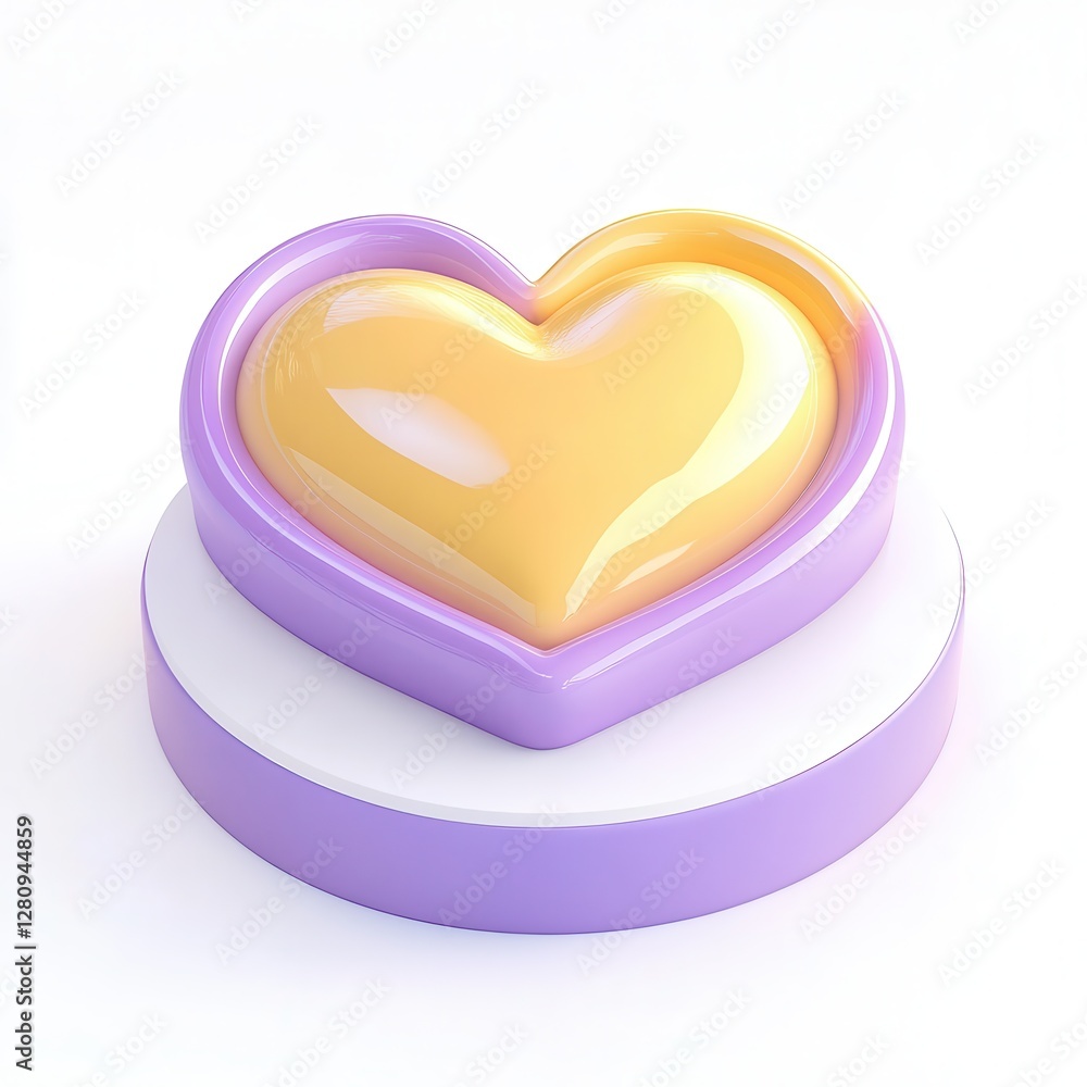 Poster a glossy 3d heart-shaped object with a soft yellow interior set on a circular purple base.