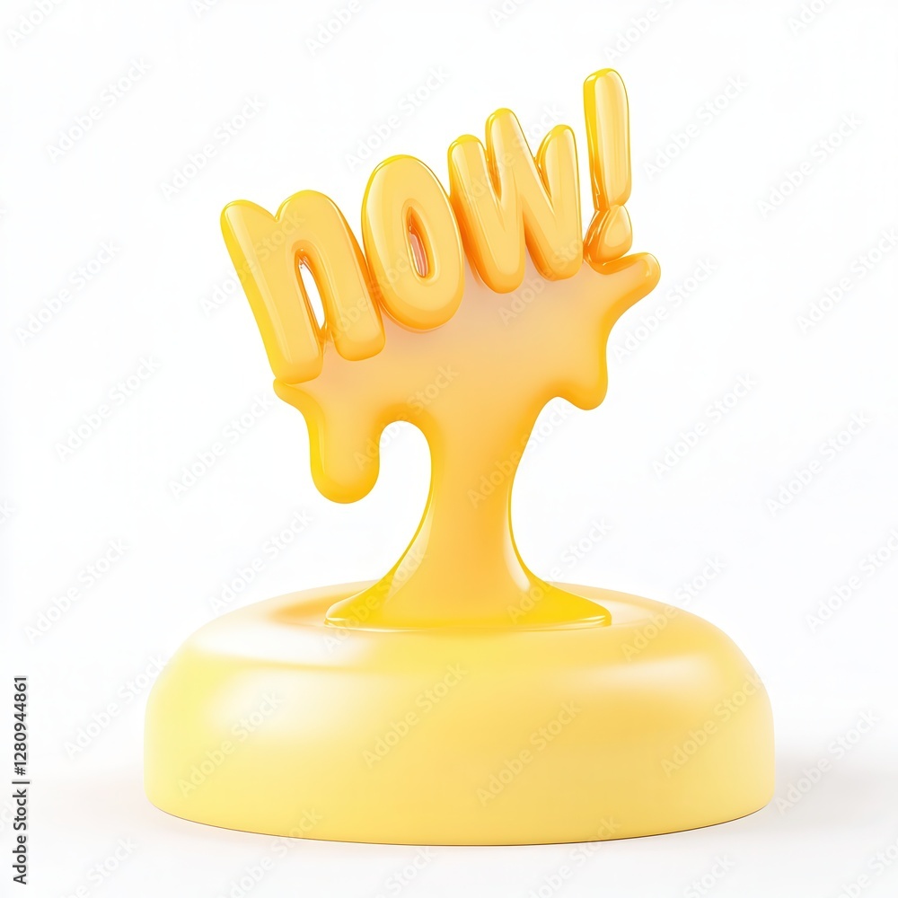 Poster a vibrant yellow 3d rendering featuring the word 'now!' with a glossy finish, creating an energetic 