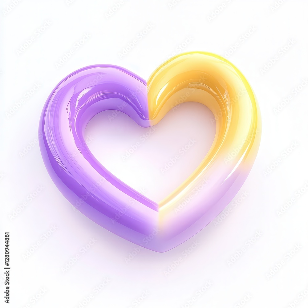 Poster a 3d heart shape with a gradient from purple to yellow, showcasing a smooth and shiny surface.