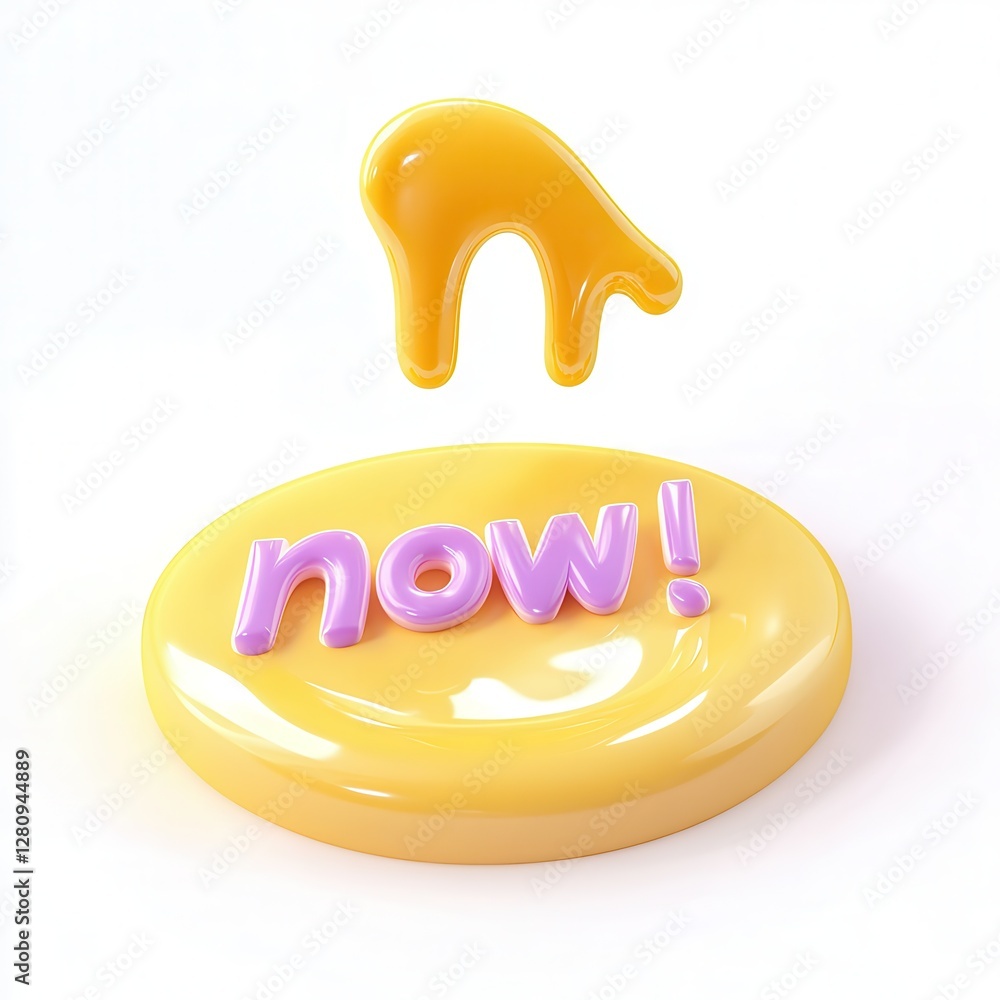 Poster a playful 3d rendering featuring the word 'now!' in purple on a shiny yellow surface with a drop of 