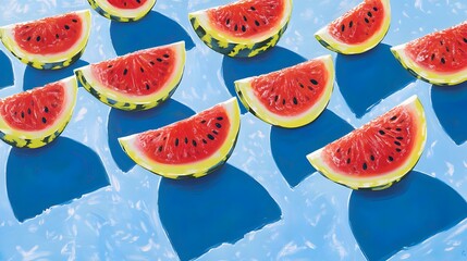 Summer Watermelon Slices on Blue Background Painting