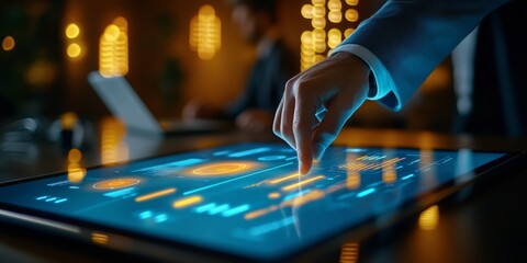 Businessman analyzing data on futuristic interactive touchscreen table in office meeting at night