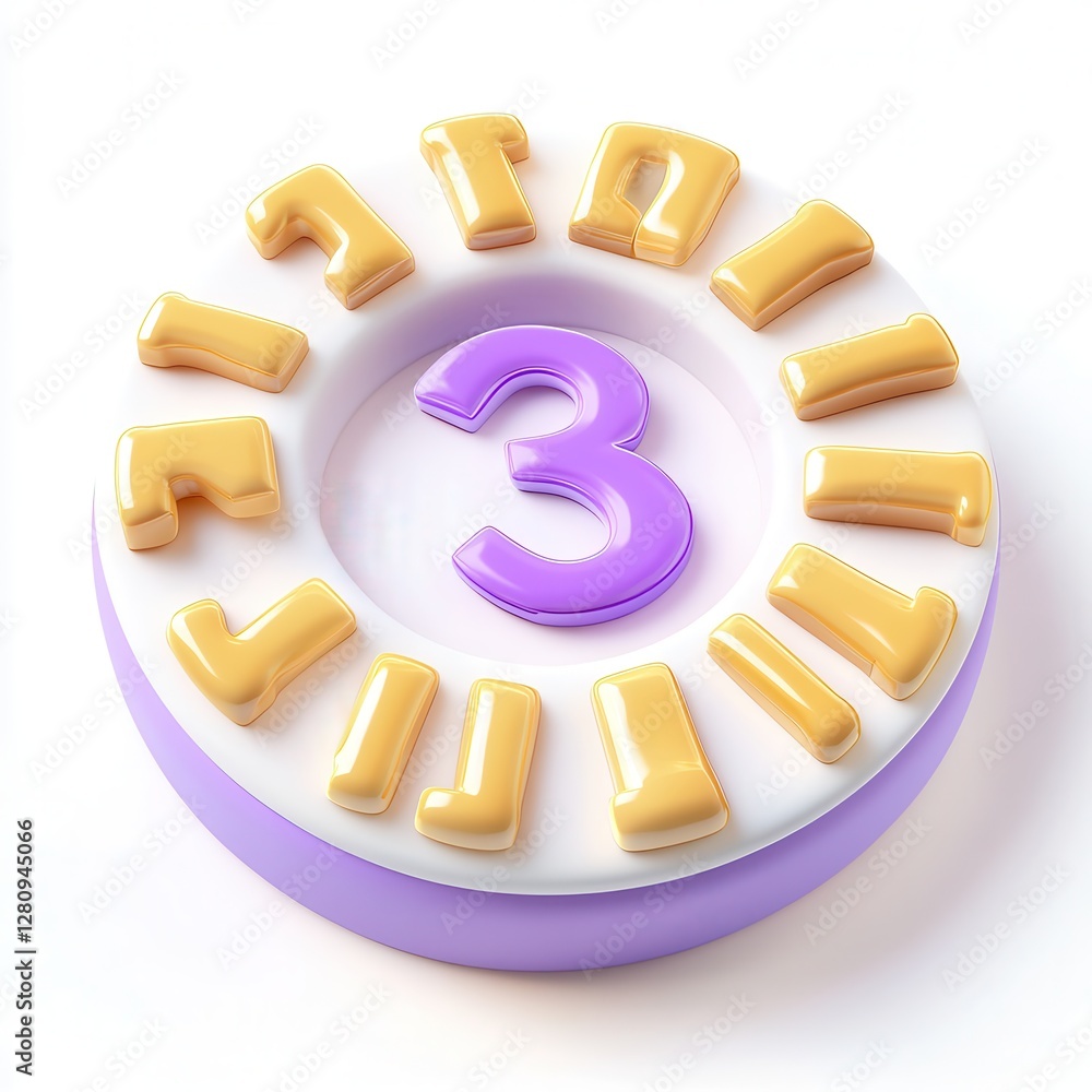 Poster a colorful 3d rendered number three surrounded by stylized golden letters on a circular base.