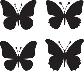 Simple flat silhouette butterflies illustration.
Black butterflies collection. Silhouettes, vector isolated on white background.