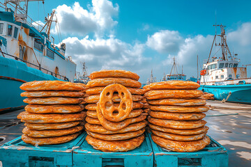 Dorayaki stacked in an elegant tower on a dockside table, with fishing boats lined up in the harbor.