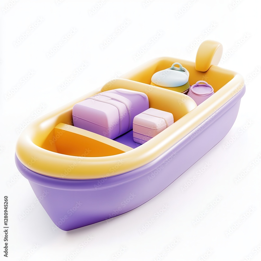 Poster a colorful 3d rendering of a boat filled with different bags and containers in soft pastel colors.