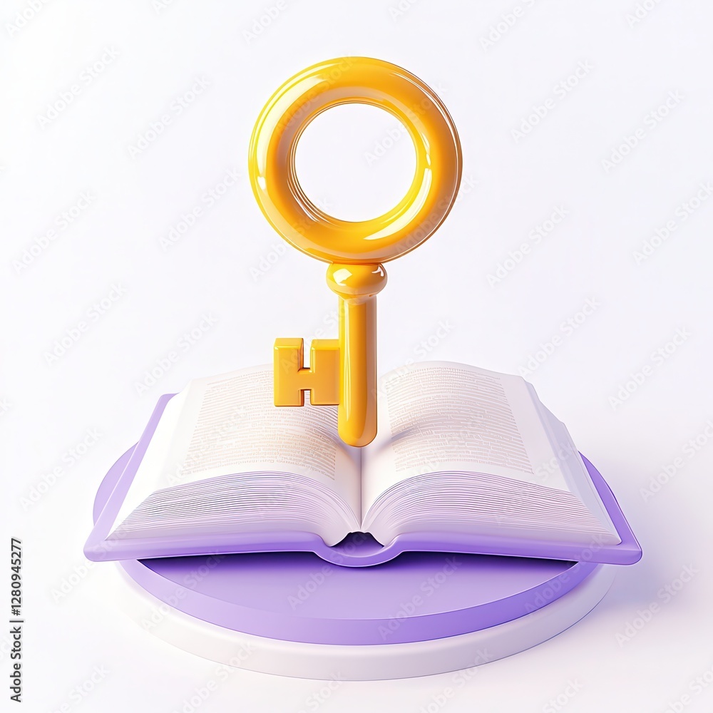 Poster a yellow key placed on an open book with a purple base, symbolizing knowledge and access.