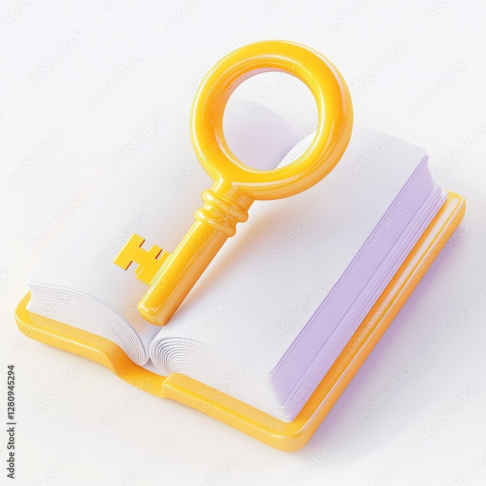Poster a 3d yellow key resting on an open book, symbolizing knowledge and unlocking potential.