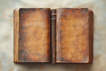 Aged leather-bound book lies open, revealing aged, textured pages.