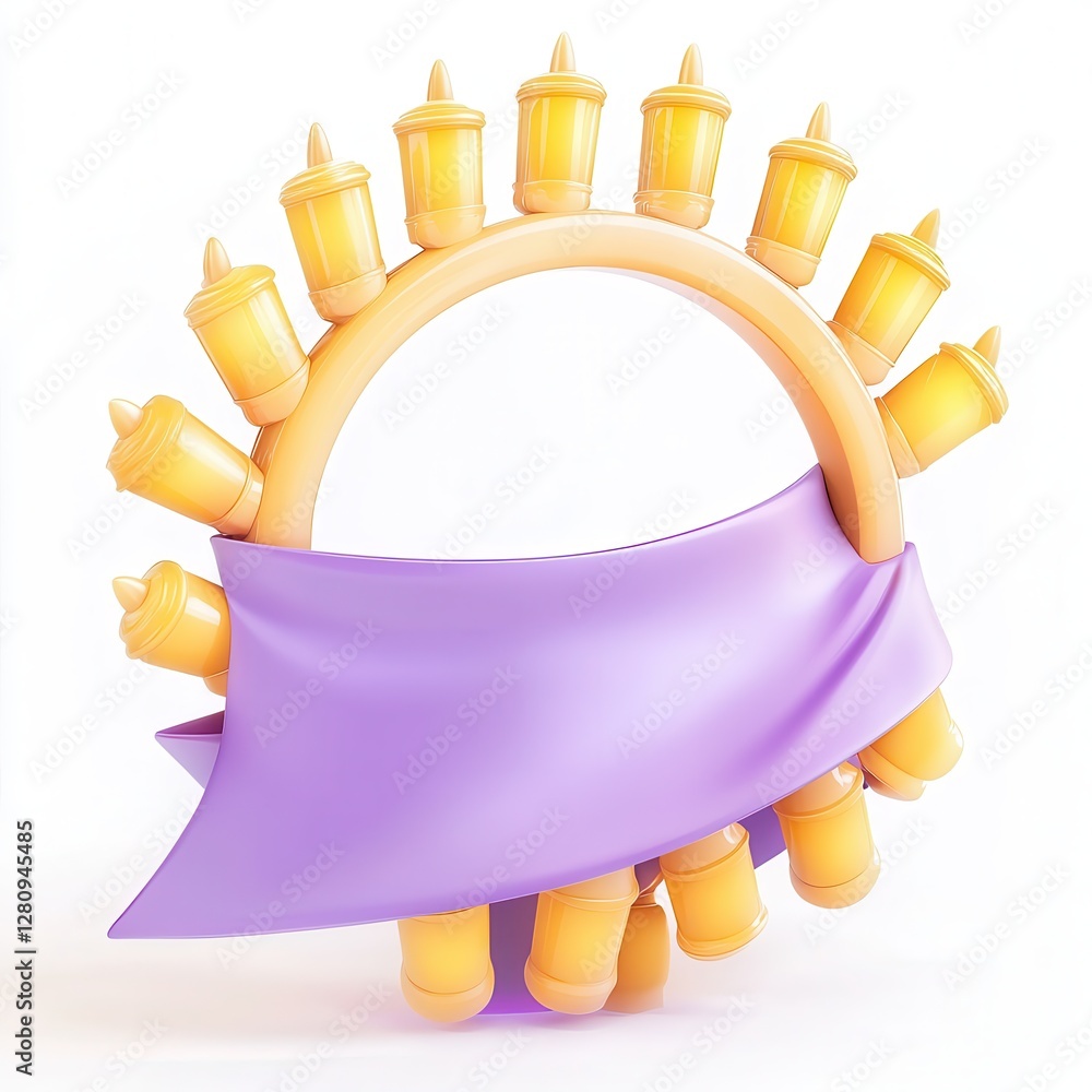 Poster a colorful 3d model of a decorative object with multiple yellow cups and a purple ribbon, set agains