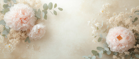 Hermoso arreglo floral con peonías y rosas en tonos suaves, perfecto para fondos elegantes, invitaciones de boda y diseño creativo.


