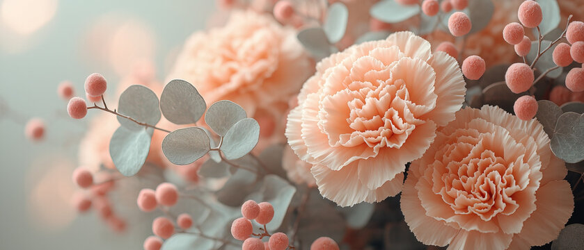 Elegante composici&oacute;n de claveles en tonos melocot&oacute;n sobre un fondo suave, ideal para dise&ntilde;o floral, nupcial, tarjetas, decoraci&oacute;n y proyectos art&iacute;sticos.

