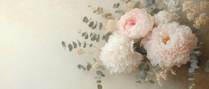 Hermoso arreglo floral con peon&iacute;as y rosas en tonos suaves, perfecto para fondos elegantes, invitaciones de boda y dise&ntilde;o creativo.

