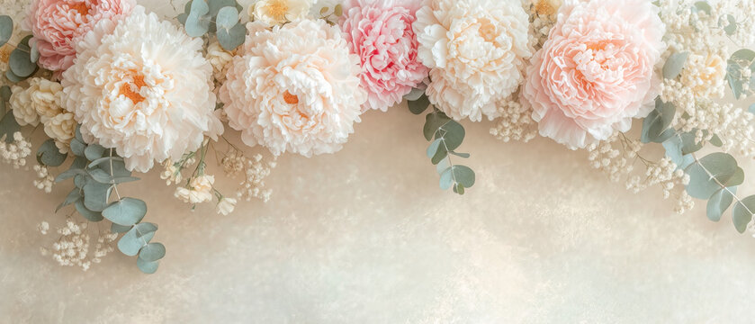 Hermoso arreglo floral con peon&iacute;as y rosas en tonos suaves, perfecto para fondos elegantes, invitaciones de boda y dise&ntilde;o creativo.

