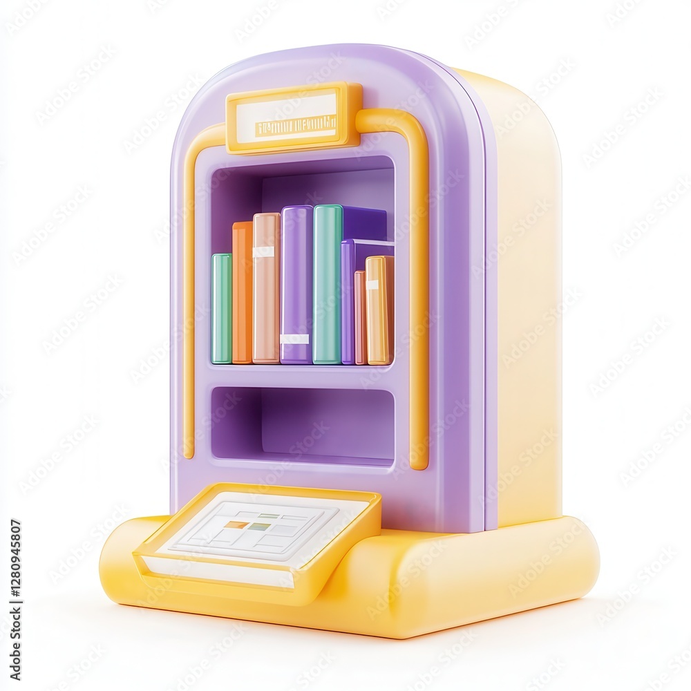 Poster a colorful 3d library model featuring shelves filled with books and a desk interface, designed in pa