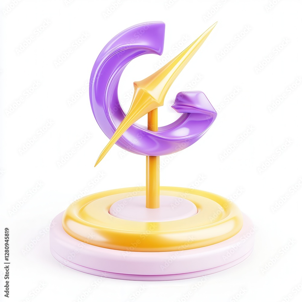 Poster a colorful 3d trophy featuring a stylized design with a purple and yellow color scheme on a circular