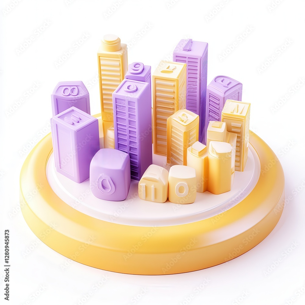 Poster a colorful 3d model showcasing an assortment of stylized buildings and icons on a platform.
