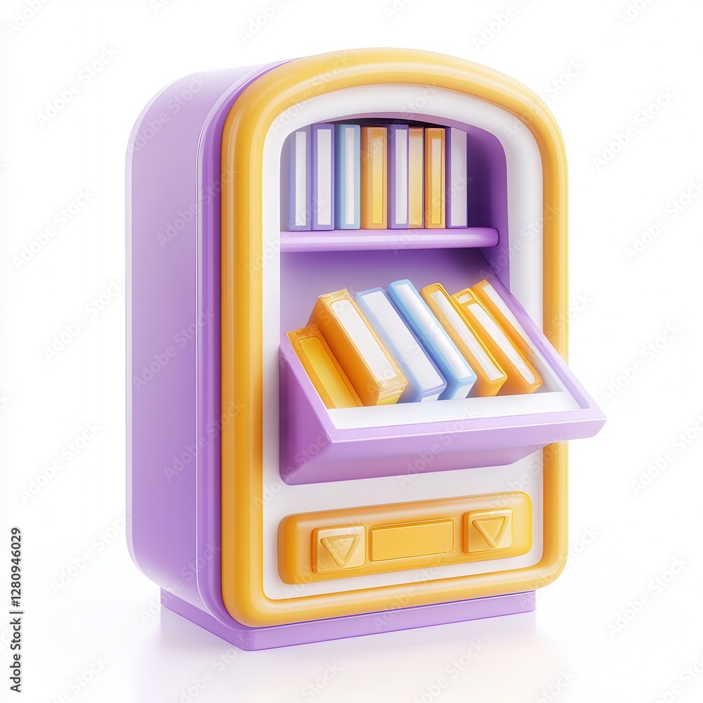 Poster a colorful 3d model of a book vending machine showcasing various books on its shelves.