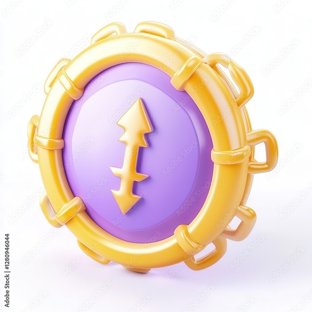 Poster a colorful 3d render of a stylized shield featuring a central arrow design, showcasing a blend of ye