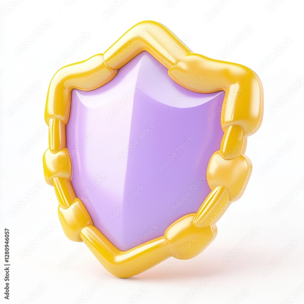 Poster a glossy 3d shield icon with a golden frame and a pastel purple center, designed for graphical use i