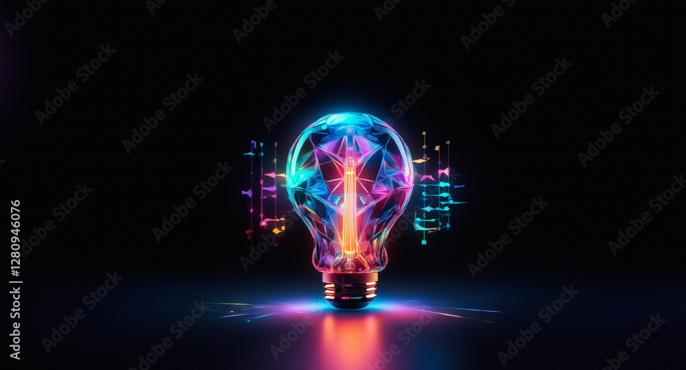 Poster A vibrant light bulb glows with digital energy against a dark backdrop, symbolizing innovation and bright ideas. The colorful light effects create a futuristic and dynamic feel.