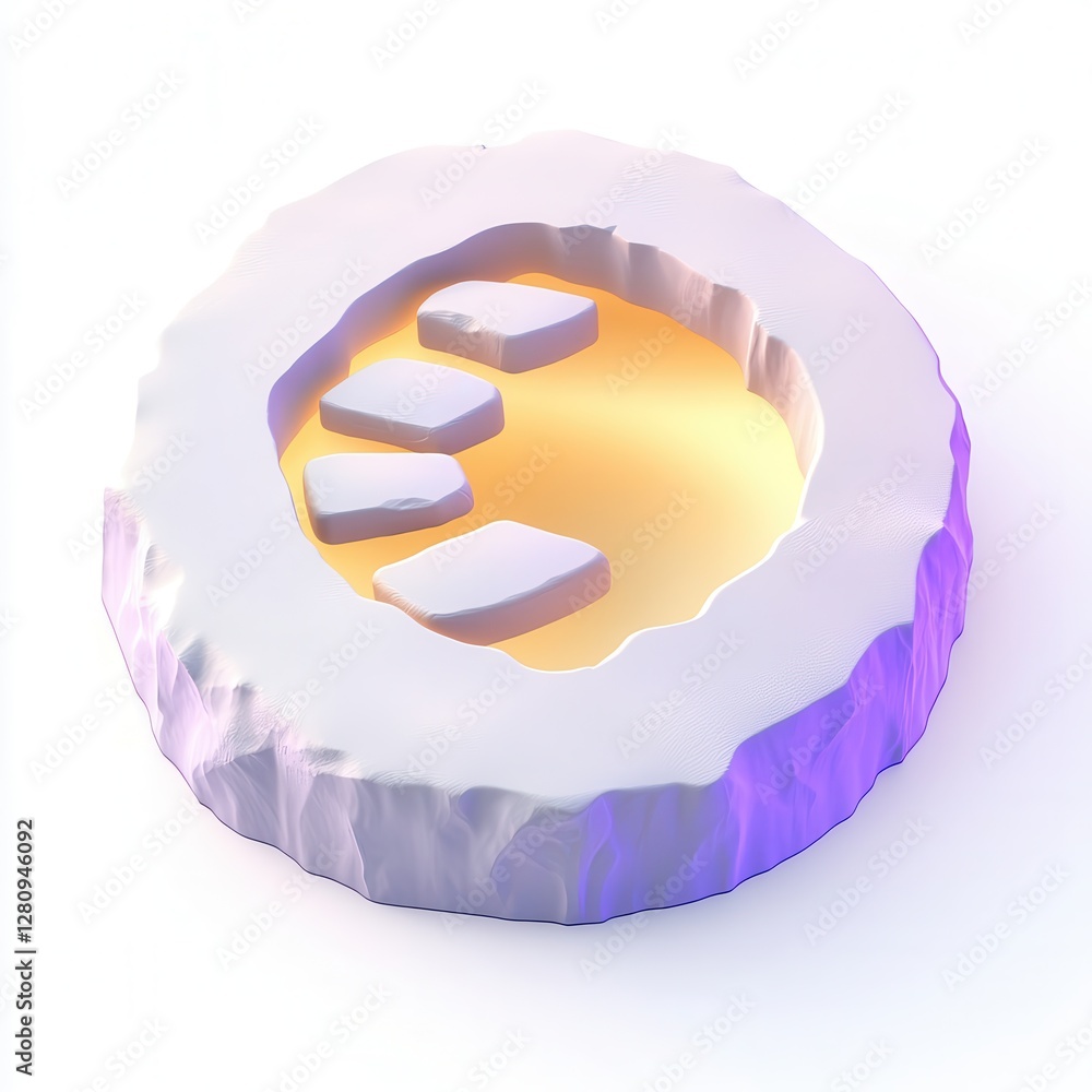 Poster a 3d rendered abstract model resembling a circular structure with soft edges and floating elements.