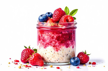 Porridge in a jar. Oat with Berries, Peanut Butter and Chia Seed, Healthy Breakfast Meal Prep.