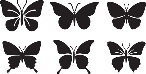 Simple flat silhouette butterflies illustration.
Black butterflies collection. Silhouettes, vector isolated on white background.