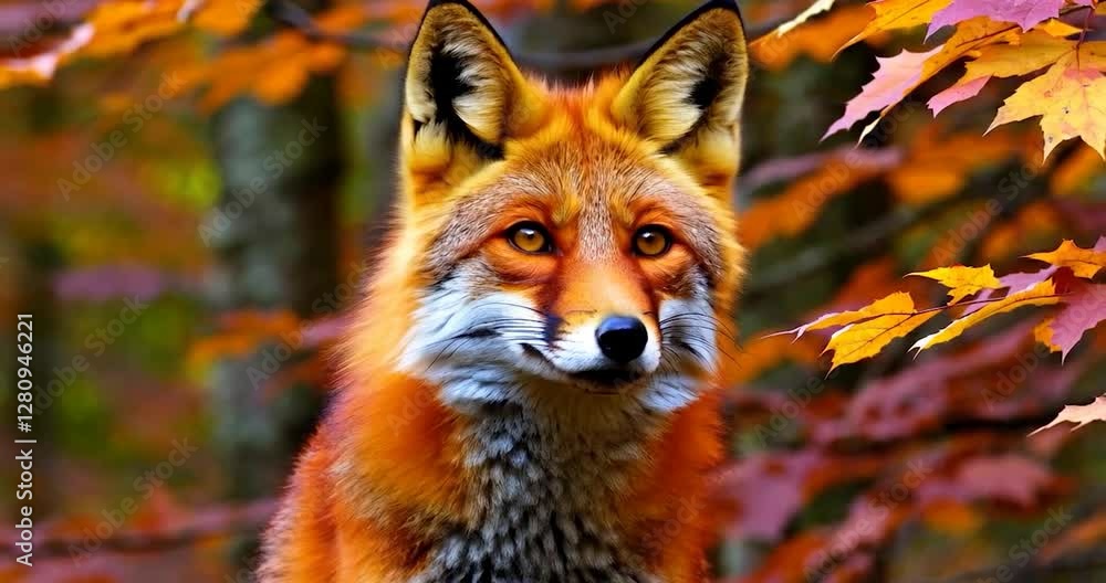Poster red fox looking at the camera in an autumn forest with fall colors background