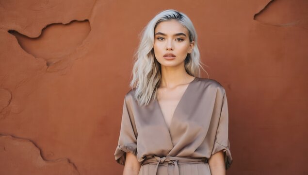 Silver haired East Asian woman wearing brown dress, standing against terracotta wall, embodying contemporary minimalist fashion style