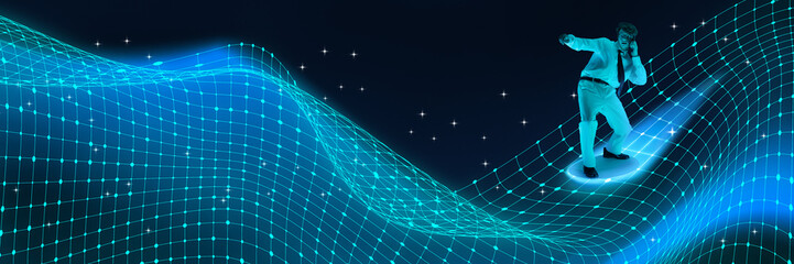 Man talking on smartphone while surfing digital waves composed of interconnected blue grids. Fast communication and digital transformation. Concept of digital business, technology, innovation