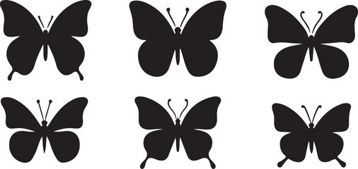 Simple flat silhouette butterflies illustration.
Black butterflies collection. Silhouettes, vector isolated on white background.