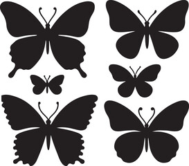 Simple flat silhouette butterflies illustration.
Black butterflies collection. Silhouettes, vector isolated on white background.