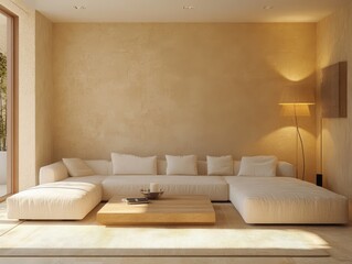 The interior shows a modern minimalist living room setting