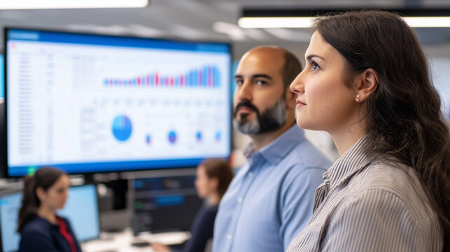 A modern AI company office with data scientists and project managers