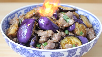 Delicious Eggplant and Pork Stir-Fry Recipe, Flamed Dish in Blue Bowl