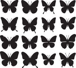 Simple flat silhouette butterflies illustration.
Black butterflies collection. Silhouettes, vector isolated on white background.