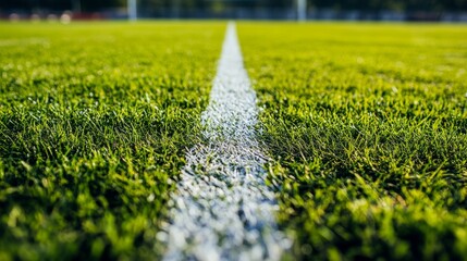 Close-up view of white line on green grass soccer field in bright sunlight