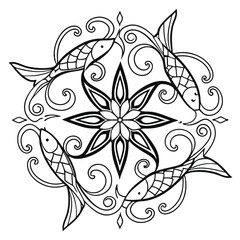 Fish Mandala Coloring Page: Intricate Koi Fish Design, Floral Center, Zen Art, Printable Relaxation Activity, Detailed Line Art Illustration