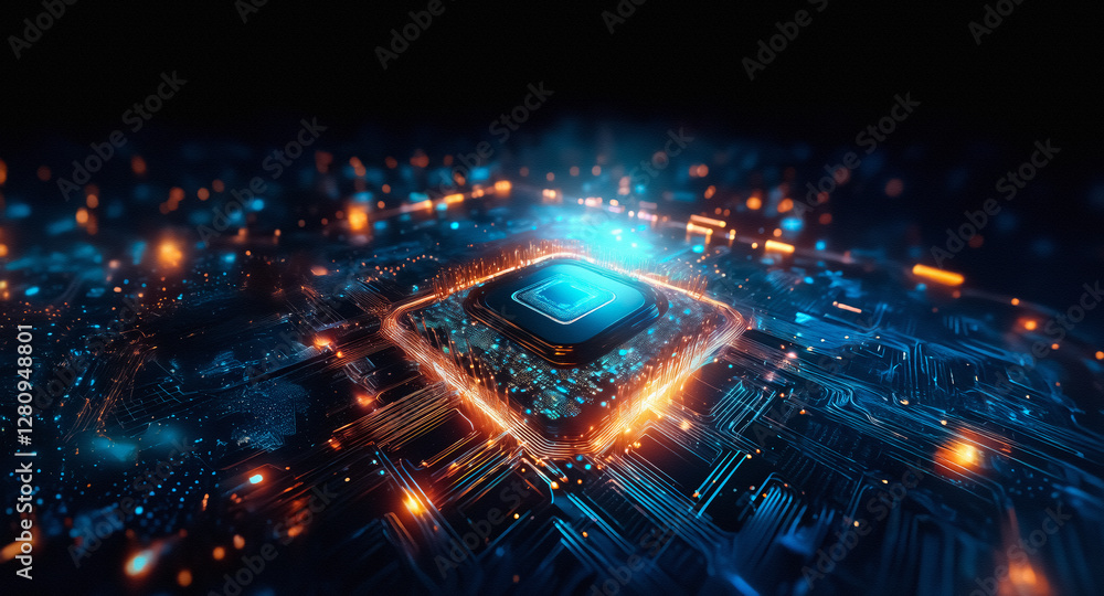 Aufkleber futuristic glowing square shape with blue and orange lights resembling a circuit board on a dark bac