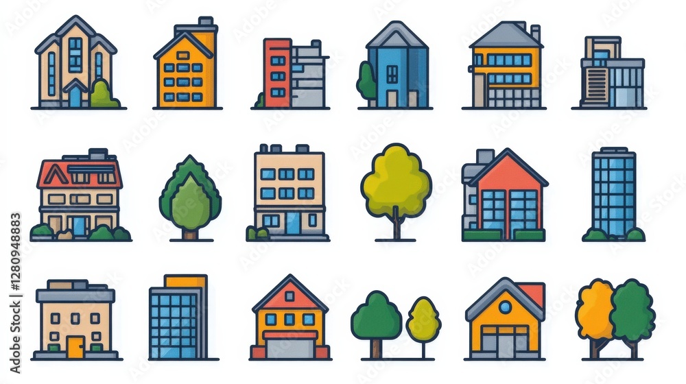 Poster a collection of various building illustrations showcasing different architectural styles and designs