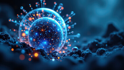 Computer-generated illustration of a futuristic medicine molecule with glowing particles and energy fields around it.