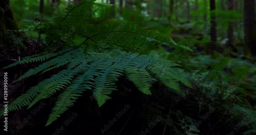Poster green ferns in a forest environment with natural light and dark forest background