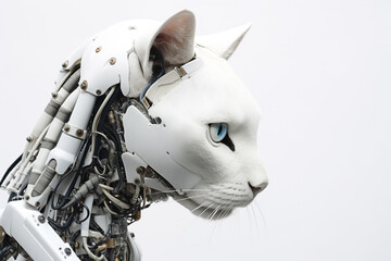 Robotic white cat in profile, white background. Feline robot, animal and technology.
