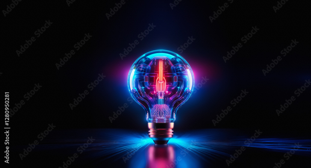 Poster A glowing light bulb emits blue and red neon light, illuminating a dark background. The bulb sits centered, casting vibrant reflections on the surface beneath it.