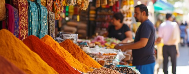 Obraz premium Cultural diversity international marketplace with diverse vendors, spices, textiles, and people engaging in lively cultural exchange